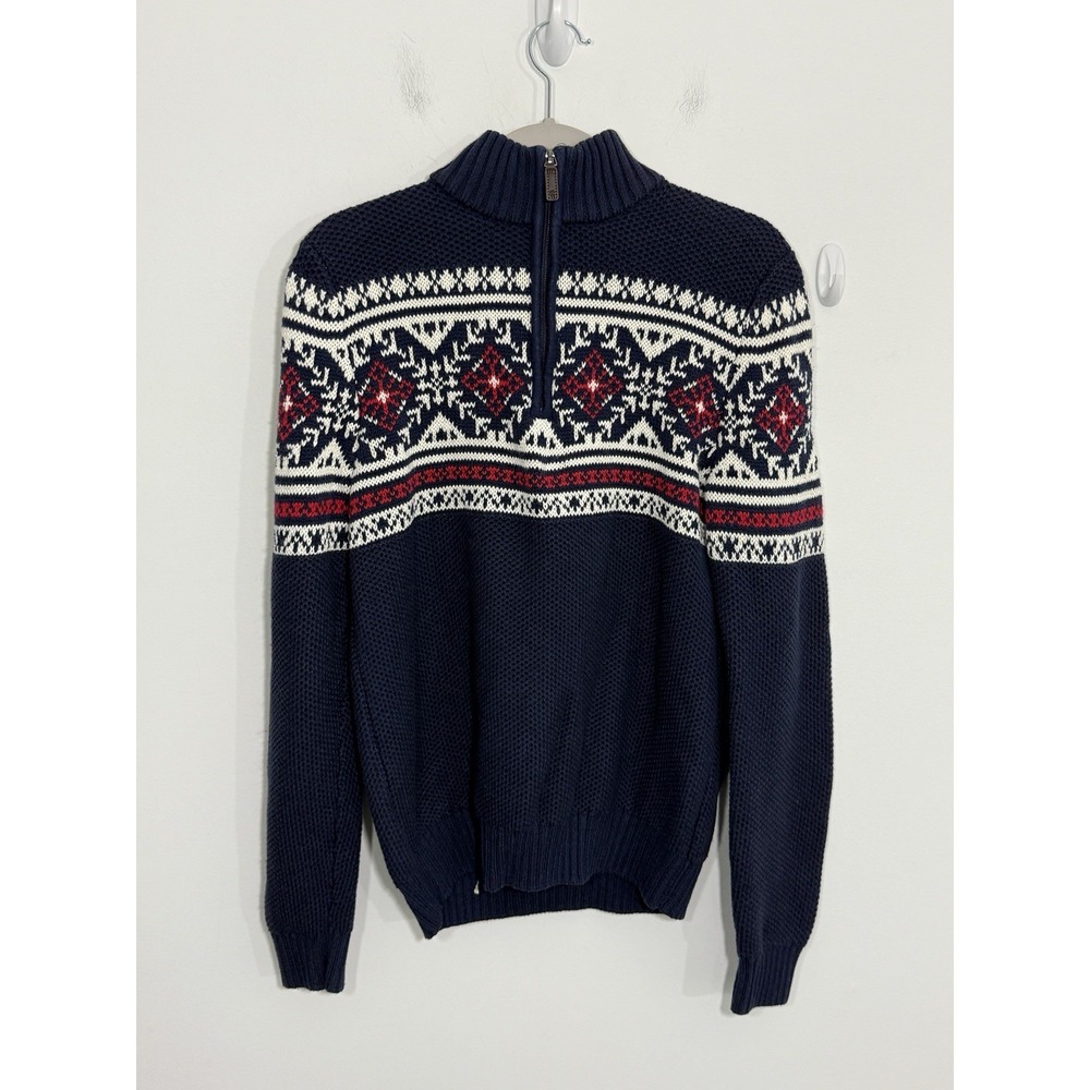 Izod Mens Sweater Medium Blue 1/4 Zip Fair Isle Pullover Nordic Dad Christmas
